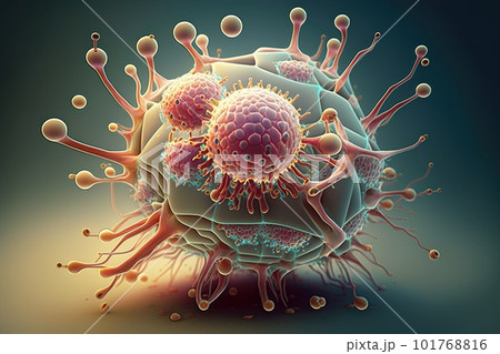 Attack of cancer cells on healthy cells in the human body, cells in large scale and copy space, Generative AI. 101768816