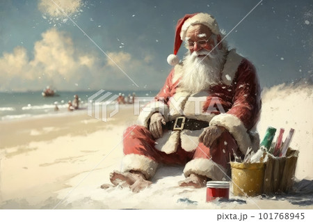 Santa Claus in his suit is resting on the beach...のイラスト素材 [101768945 ...