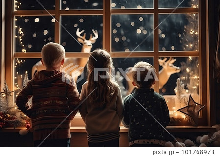 The children are watching the reindeer outside the window on the street, reindeer at Christmas, generative AI. 101768973