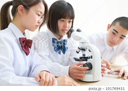顕微鏡をのぞく中学生 101769431