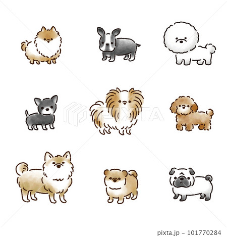 シンプルな手描き線画と水彩色のかわいい犬イラストのイラスト素材