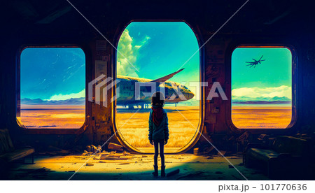 Person standing in front of window looking out at an airplane Generative AI. 101770636