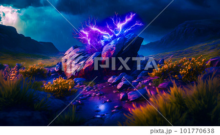 Painting of rock with lightning coming out of it Generative AI. 101770638