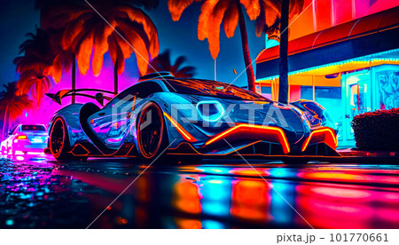 Futuristic car parked on the side of street Generative AI. 101770661