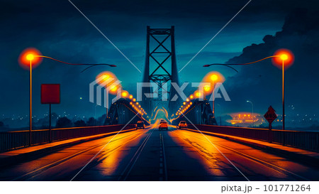 Painting of bridge at night with street lights Generative AI. Painting of bridge at night with street lights Generative AI. 101771264