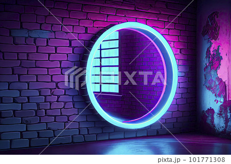 Circle shaped glowing neon frame on brick wall in dark room. Blue to purple or pink gradient color glow. Sci-fi, cyberpunk and disco concept. 3D illustration 101771308