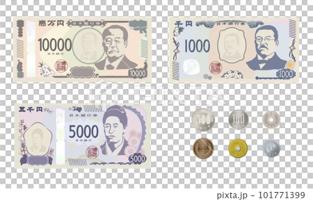 A set of relatively realistic Japanese yen new banknotes and coins 101771399