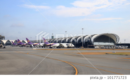 Suvarnabhumi Airport view, Airplane parking at passenger gate. 101771723