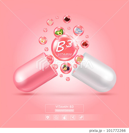 Vitamin B3 float away from capsule pink. Fruit and vegetable food that neutralize free radicals. With chemical formula. Anti aging beauty enhancement concept and health care. 3D vector. 101772266