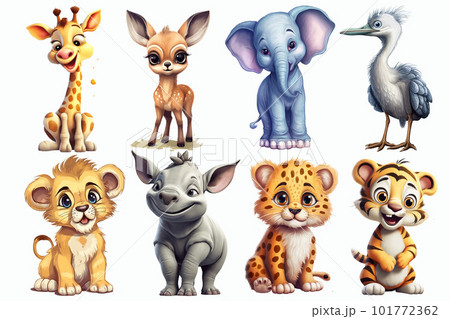 Safari Animal set Elephant, rhino, giraffe, antelope, leopard, tiger, lion, heron in 3d style. Isolated vector illustration Safari Animal set Elephant, rhino, giraffe, antelope, leopard, tiger, lion, heron in 3d style. Isolated vector illustration 101772362