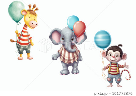 Safari Animal set giraffe, elephant, monkey with balloons in 3d style. Isolated vector illustration 101772376