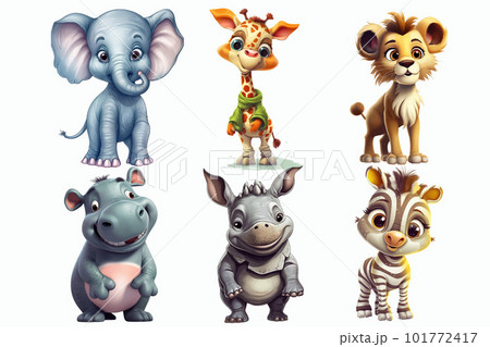 Safari Animal set elephant, giraffe, lion, hippo, rhinoceros, zebra in 3d style. Isolated vector illustration 101772417