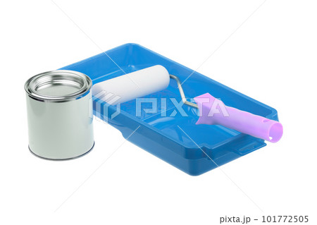 Blue plastic tray, generic paint can and white roller Blue plastic tray, generic paint can and white roller 101772505
