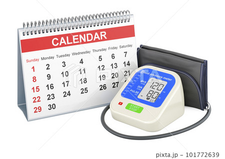 Electronic sphygmomanometer with desk calendar. 3D rendering 101772639