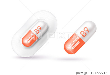 Orange vitamin B9 medicine capsule. Dietary supplement health neutralize free radicals. With chemical formula. Anti aging beauty enhancement concept and health care medical. 3D vector EPS10. 101772712