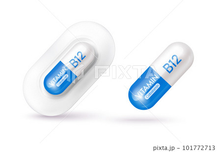 Blue vitamin B12 medicine capsule. Dietary supplement health neutralize free radicals. With chemical formula. Anti aging beauty enhancement concept and health care medical. 3D vector EPS10. 101772713