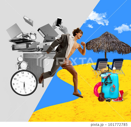 In a hurry to vacation. Office worker, man running from workplace to summer beach, reasting near ocean. Contemporary art collage. 101772785