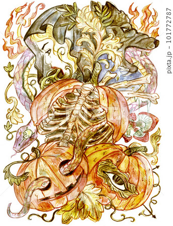 Scary mystic illustration with witch face, wolf head and pumpkins isolated on white. Drawing with occult, esoteric and gothic symbol, Halloween, horror and fantasy concept, watercolor artwork 101772787