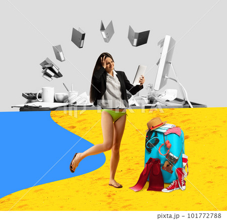 Many deadlines at work. Young female employees finishing business tasks instead of vacation. Contemporary art collage. 101772788