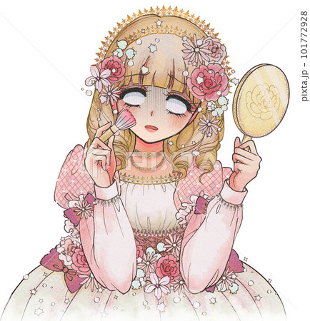 老け見え!?手鏡片手にメイクを試行錯誤するお姫様イラスト 101772928