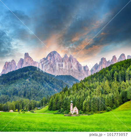Fabulous scene of magnificent Santa Maddalena village in Dolomites. 101773057