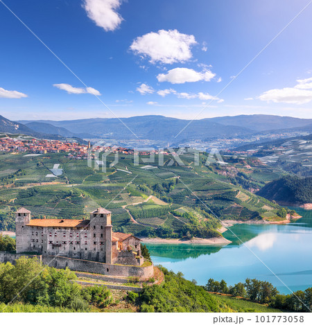 Fabulous  View of the Cles Castel, the Santa Giustina Lake and lots of apple plantations. 101773058