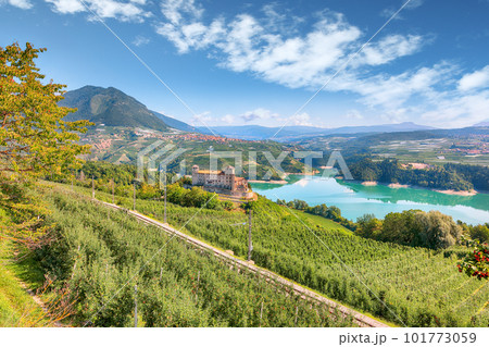 Fabulous  View of the Cles Castel, the Santa Giustina Lake and lots of apple plantations. 101773059