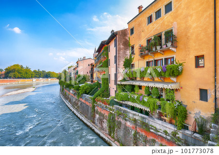 Astonishing Verona cityscape view on the riverside with historical buildings ,bridges and tower 101773078