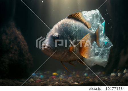 Fish with a plastic bag. Ocean plastic pollution concept. Generative AI 101773584