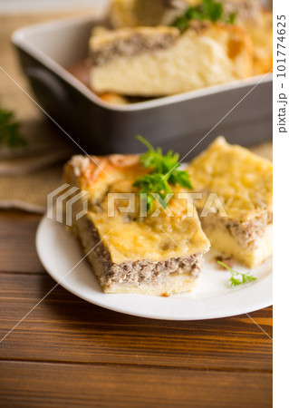 Cooked meat pie, pieces in a plate 101774625