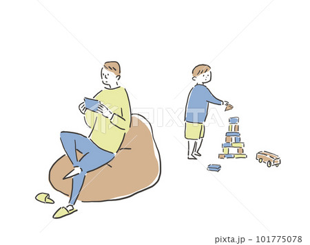 積み木とおもちゃで遊ぶ男の子とスマホを見ている男性、父親 積み木とおもちゃで遊ぶ男の子とスマホを見ている男性、父親 101775078