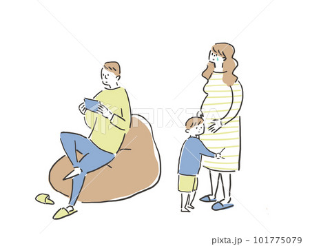 涙を流す妊娠した女性と、しがみつく子供、スマホを見ている男性。 涙を流す妊娠した女性と、しがみつく子供、スマホを見ている男性。 101775079