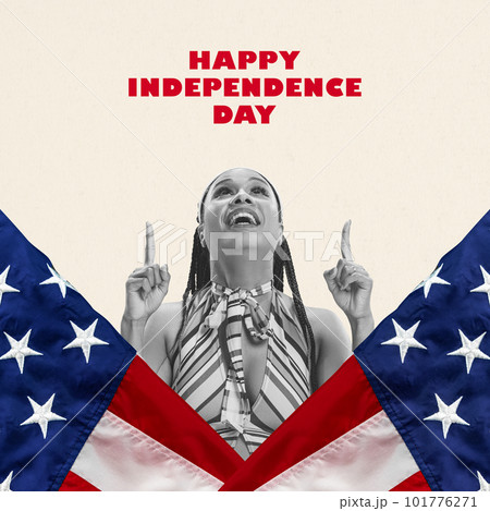 Positive, smiling, happy young woman standing over american flags, celebrating independence day. Contemporary art collage. 101776271
