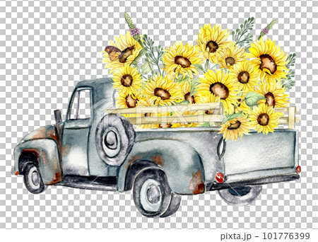 Watercolor composition with sunflowers and farm car. Butterflies in cartoon style.Hand drawn illustration of summer. Perfect for scrapbooking, kids design, wedding invitation,posters, greetings cards. 101776399