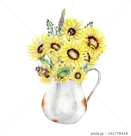 Watercolor composition with sunflowers and old rusty garden tools. Hand drawn illustration of summer. Perfect for scrapbooking, kids design, wedding invitation, posters, greetings cards. 101776428