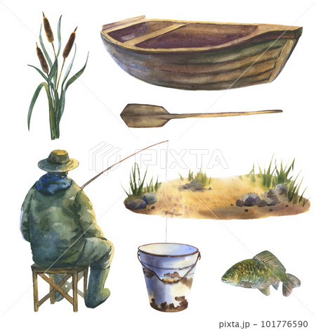 Watercolor illustration, set of the fishing, wooden boat, carp, paddle, fisherman is fishing with a bait, bucket, reed. For designers, scrapbooking, postcards, wrapping paper, posters and textile 101776590