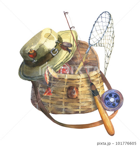 Watercolor composition with fishing bag, fishing rod, hat, net, and fishing tackle, isolated on a white background. Cut out clip art element for design, postcards, stickers, scrapbooking, poster. 101776605