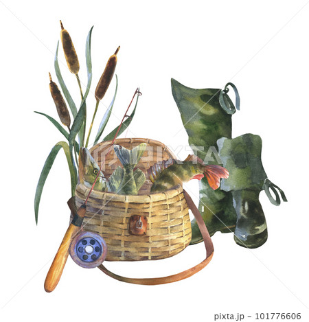 Fishing rod, reel, reed, rubber boots, fishing bag full of fish, vintage fishing watercolor illustration isolated on white background Fishing rod, reel, reed, rubber boots, fishing bag full of fish, vintage fishing watercolor illustration isolated on white background 101776606