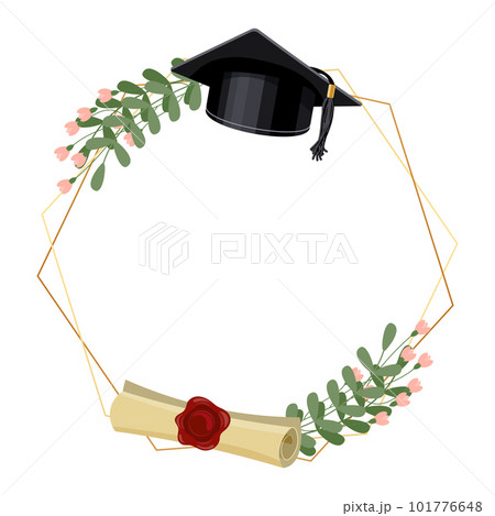 Golden frame with graduation cap, certificate and flowers. Design for graduate diploma, awards. Education concept. Vector Golden frame with graduation cap, certificate and flowers. Design for graduate diploma, awards. Education concept. Vector 101776648
