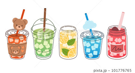 Cold drinks set. Yummy Beverages in Glass or Plastic Cups with Straw, Graphic Design Collection, Cartoon Vector 101776765