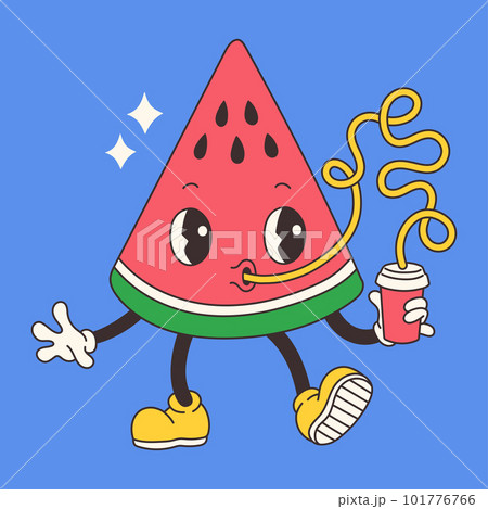 Hand draw Funny Retro vintage trendy style watermelon cartoon character illustration. Doodle Comic collection Hand draw Funny Retro vintage trendy style watermelon cartoon character illustration. Doodle Comic collection 101776766