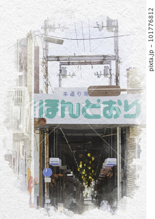 水彩画風 米子下町 本通り商店街 鳥取県米子市 水彩画風 米子下町 本通り商店街 鳥取県米子市 101776812