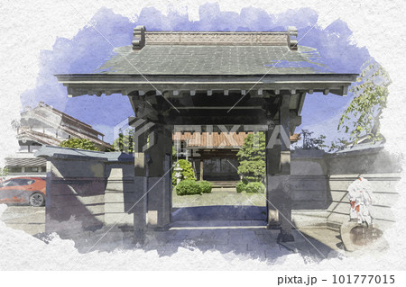 水彩画風 米子下町 妙善寺 山門 鳥取県米子市 水彩画風 米子下町 妙善寺 山門 鳥取県米子市 101777015
