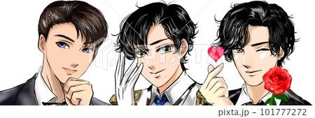 赤い薔薇の花を片手に甘いマスクで誘う黒髪イケメン男子達の少女漫画風ワイドサイズイラストと透過背景 101777272