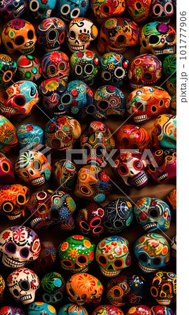 AI generated pattern of colorful skulls with different colors. Halloween background 101777906