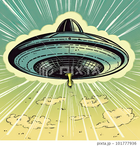 UFO flying over the city. AI generated illustration of a flying saucer. 101777936