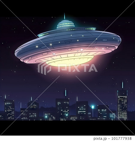 UFO flying over the city. AI generated illustration of a flying saucer. 101777938