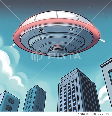 UFO flying over the city. AI generated illustration of a flying saucer. 101777939