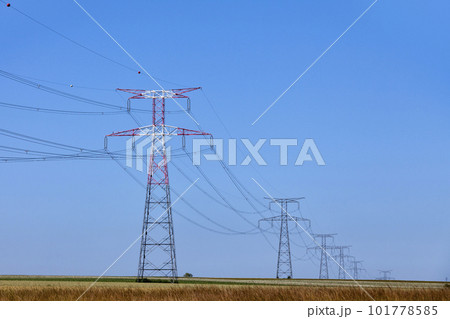 Electricity pylon passing through a field 101778585