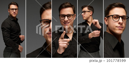 Collage. Stylish, handsome man in business classic style outfit isolated over grey background. Fashion look of businessman. 101778599